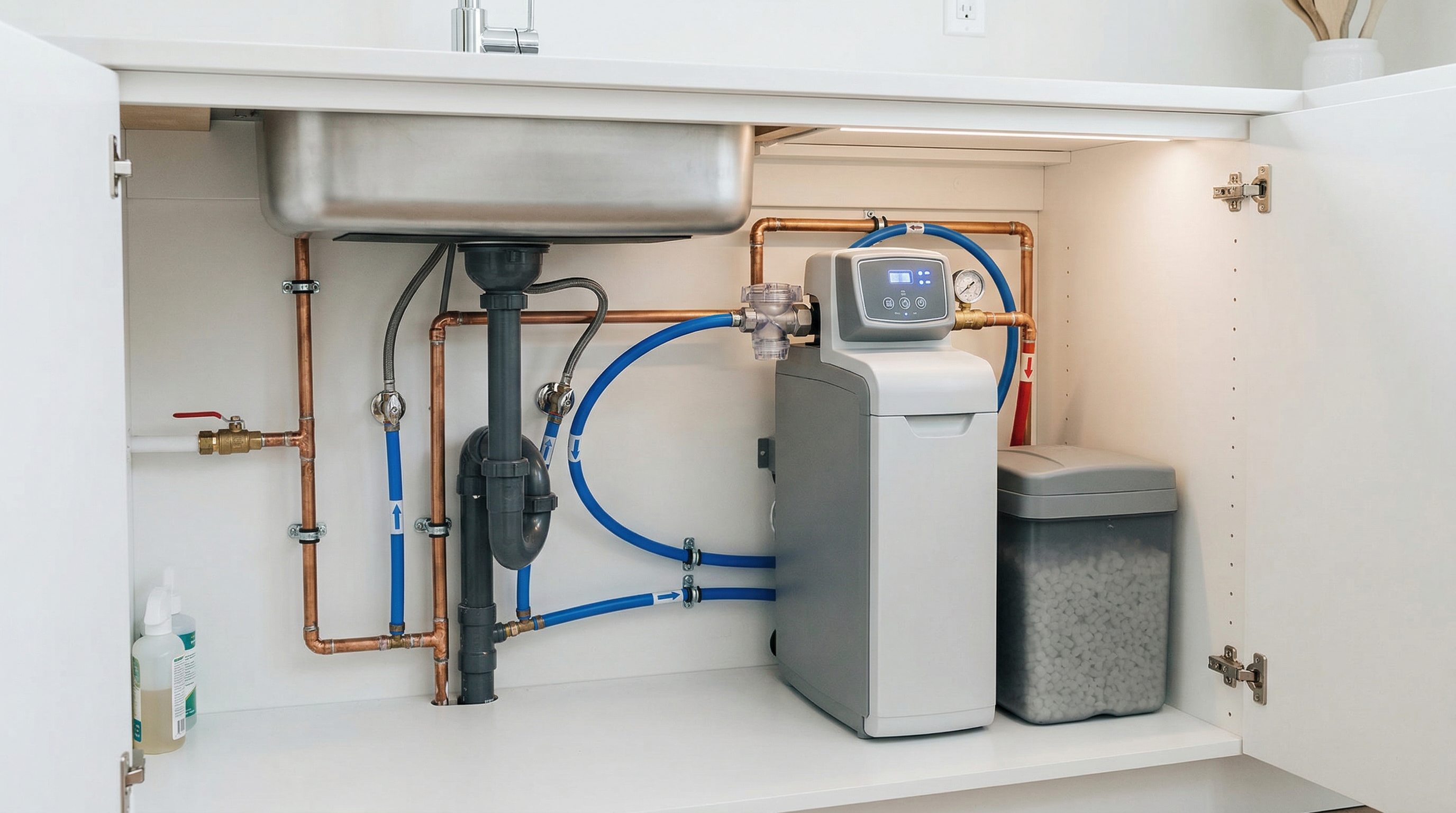 Professional water softener installation under a kitchen sink